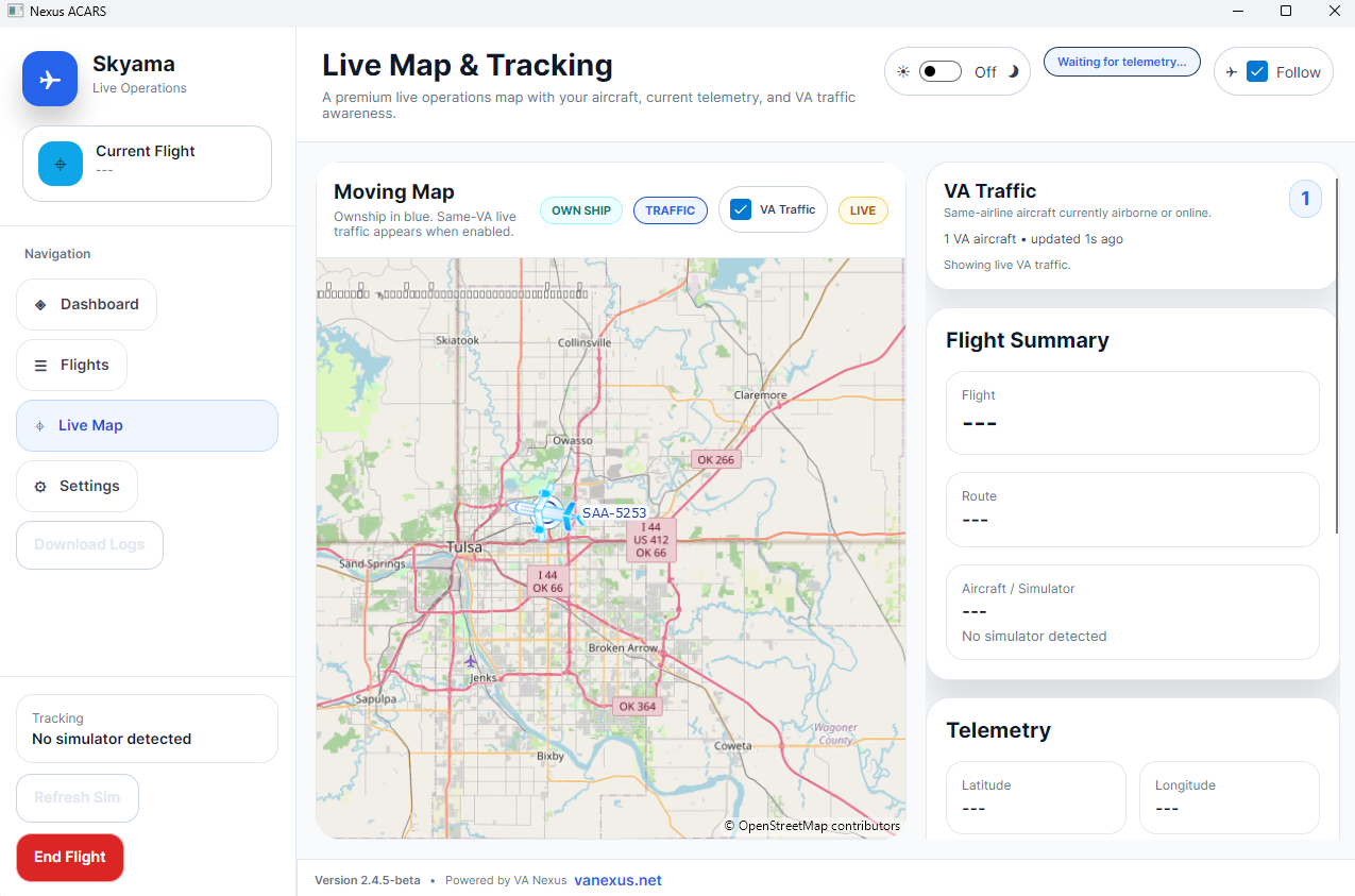 VA Nexus ACARS live map preview